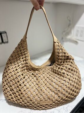 MARTA PONTI Woven Shoulder Hobo Bag in Natural Tan